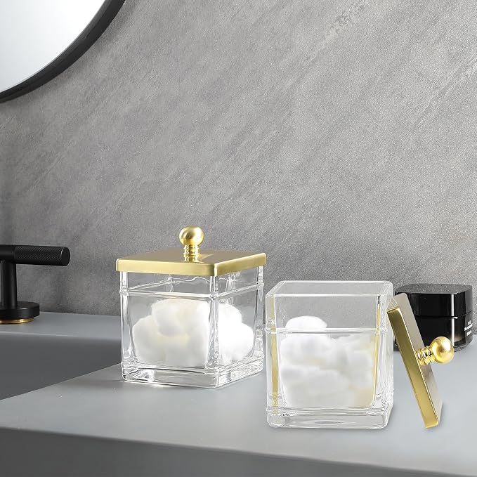 Glass Cotton Jar Holder 2 Pack– Brushed Gold Lid, Elegant Bathroom Storage - Image 4