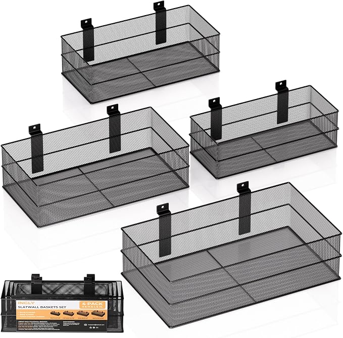 INCLY 4 Pack Upgrade Slatwall Baskets, Heavy Duty Metal Mesh Basket | Mounted by INCLY