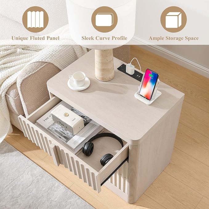 23.6" Nightstand with Charging Station, Side Table with 3 Large Storage Drawers - Image 3