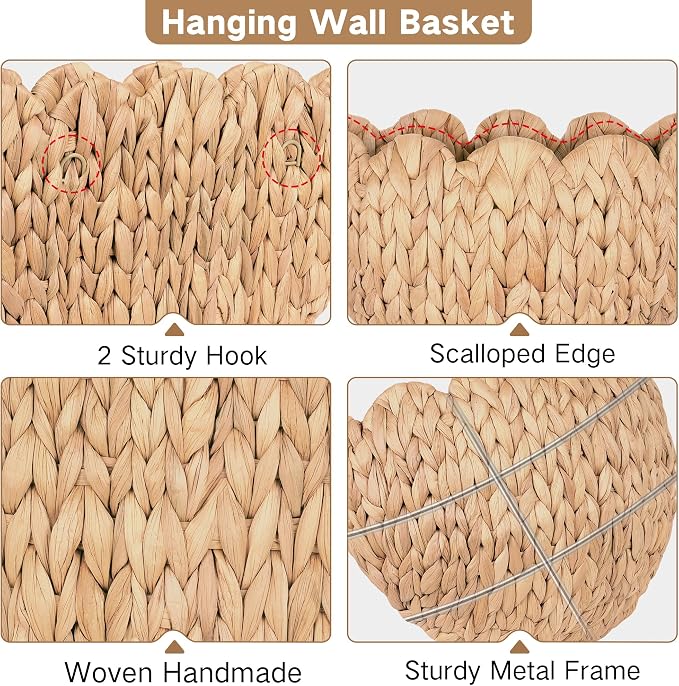 iEGrow Wicker Wall Basket, Scalloped Wall Basket Natural Water Hyacinth - Image 5