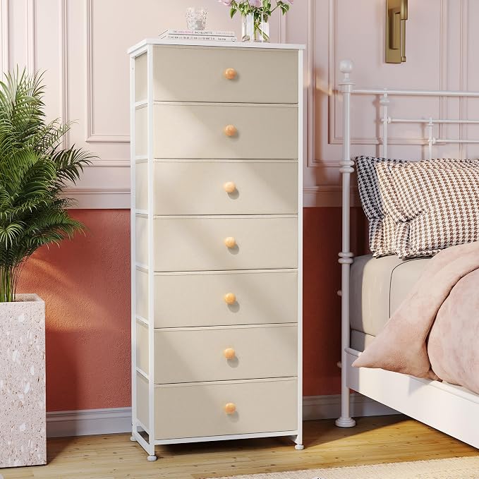 Fabric Dresser for Bedroom, 7-Drawer Tall Vertical Storage Tower | Wooden Top - Image 7