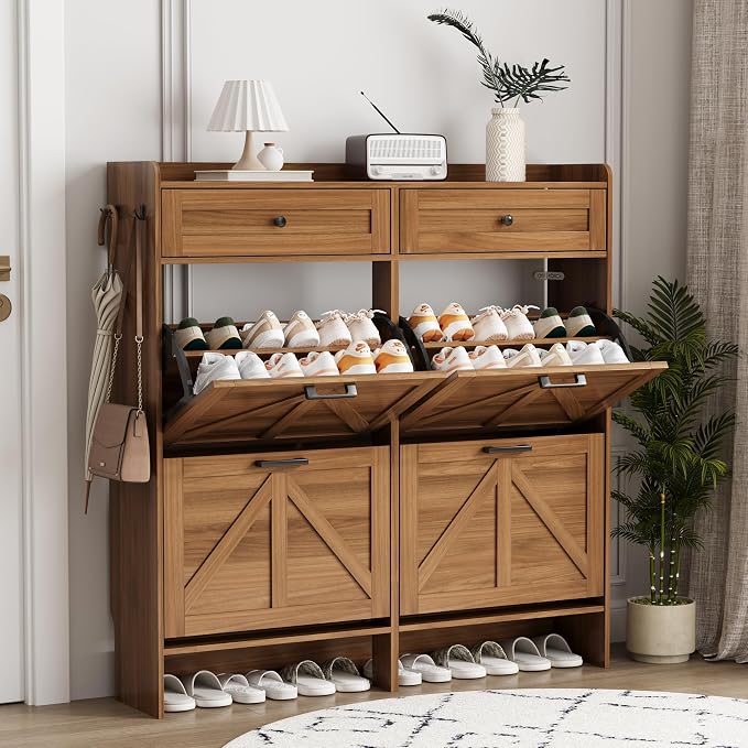 Shoe Cabinet with 4 Flip Drawers & 2 Top Drawers, Hidden Slim Shoe Rack by Xixini