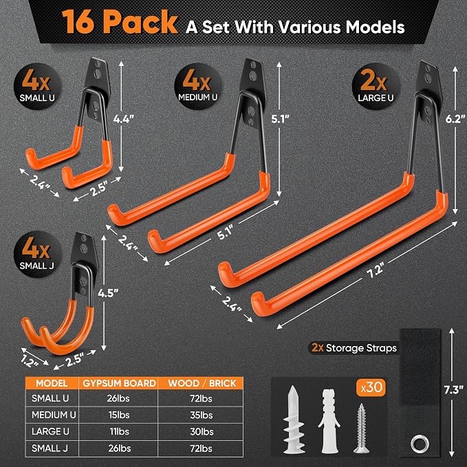 Nacial 16 Pack Garage Hooks Heavy Duty, Utility Steel Garage Storage Hook - Image 2