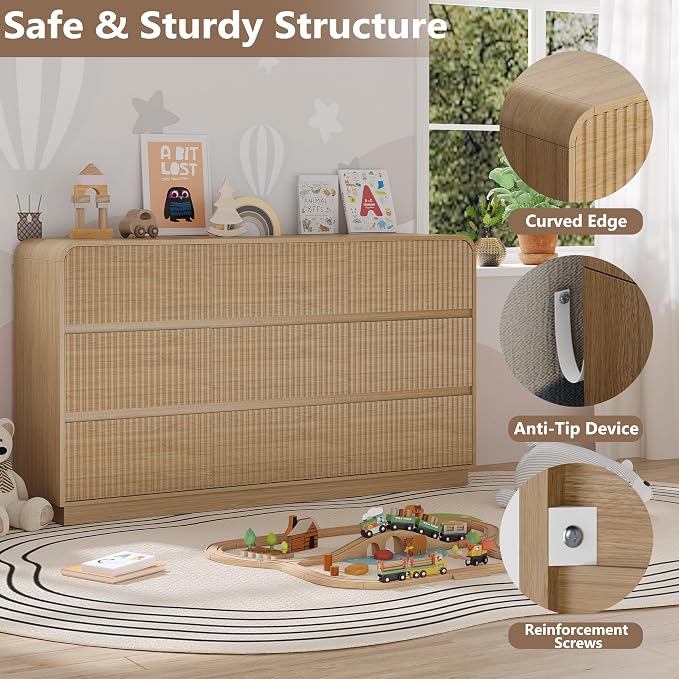 Dresser for Bedroom with 9 Drawers, Fluted Chest of Drawers with Round Curved - Image 4