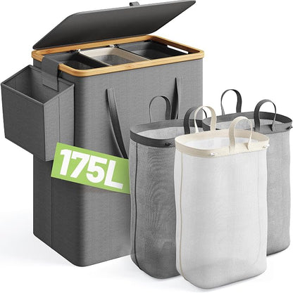 175L Laundry Hamper with Lid 3 Section, Extra Large Laundry Basket with 3 by Raybee