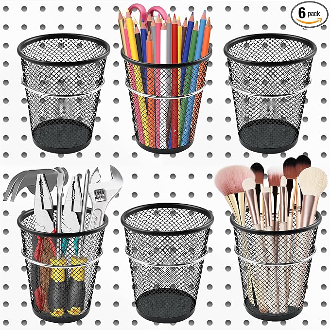 6 Sets Pegboard Cups with Ring, Metal Pegboard Bin with Hooks by Milkary