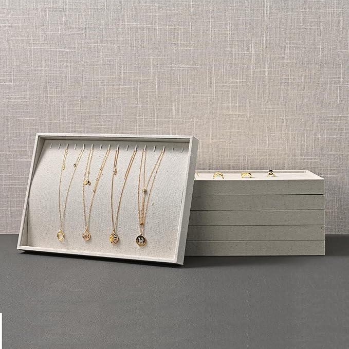 Oirlv Stackable Linen Jewelry Tray Adjustable 24 Grid Jewelry Storage Case - Image 12