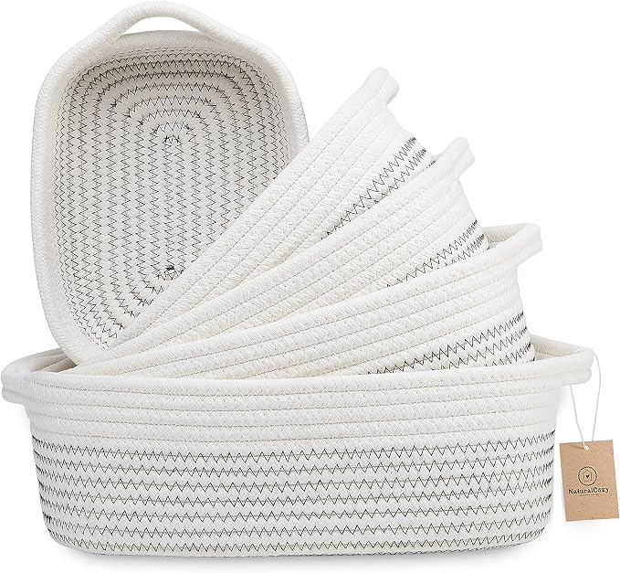 NaturalCozy 5-Piece Rectangle Storage Basket Set- Natural Cotton Rope Woven by NaturalCozy