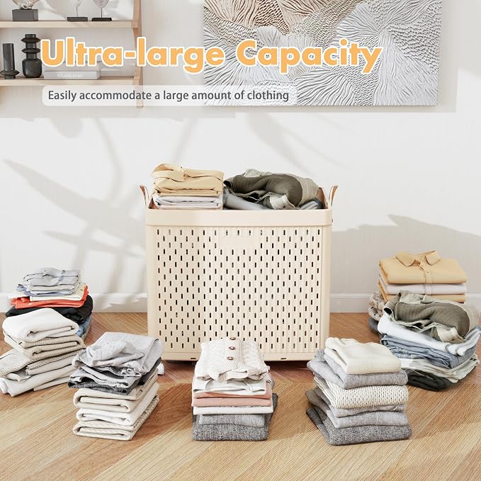 UAK Laundry Basket with Wheels, Collapsible Plastic Laundry Hamper with Handle - Image 6