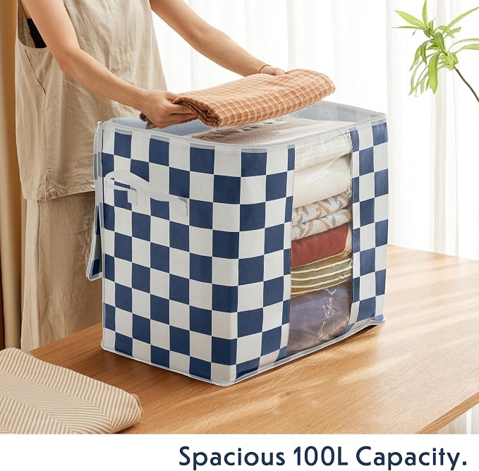 Navy Blue Checkered Clothes Storage Bins, 100L Large Blanket Storage Bags 3 Pack - Image 4