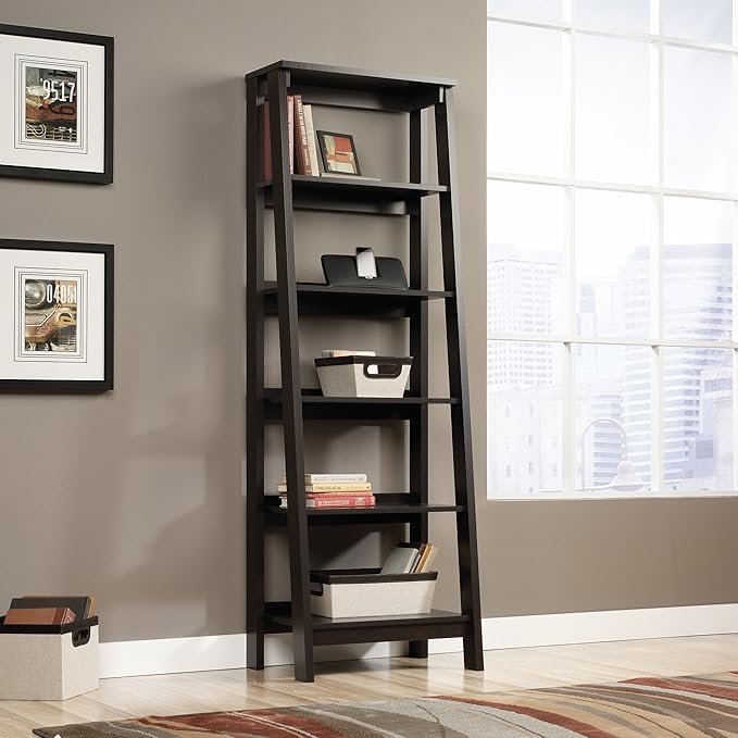 Sauder Ladder Bookshelf 5 Tier Trestle Ladder Shelf Wooden Bookcase, in Jamocha - Image 2