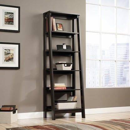 Sauder Ladder Bookshelf 5 Tier Trestle Ladder Shelf Wooden Bookcase, in Jamocha - Image 2