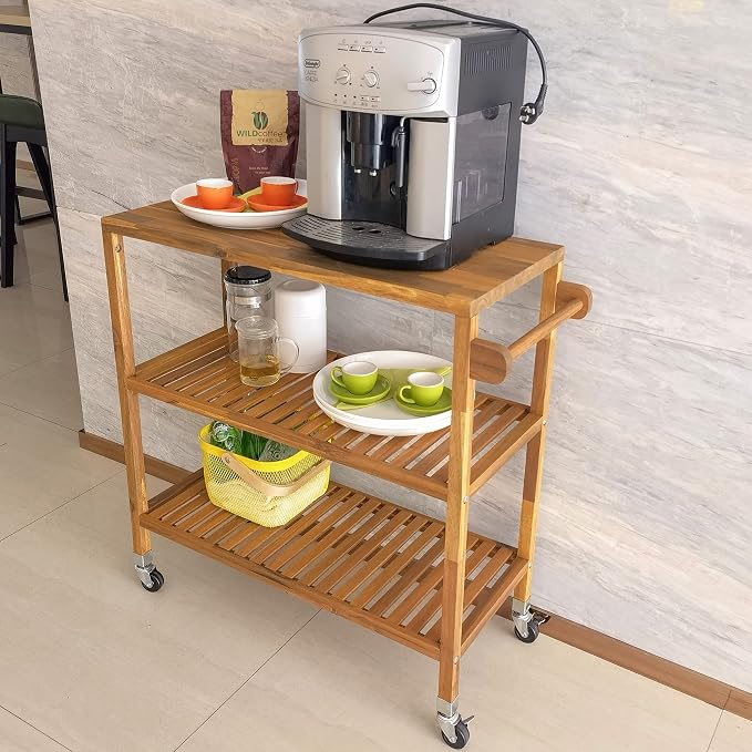 Interbuild 3 Tier Acacia Hardwood Kitchen Cart Portable Rolling Trolley Cart - Image 8