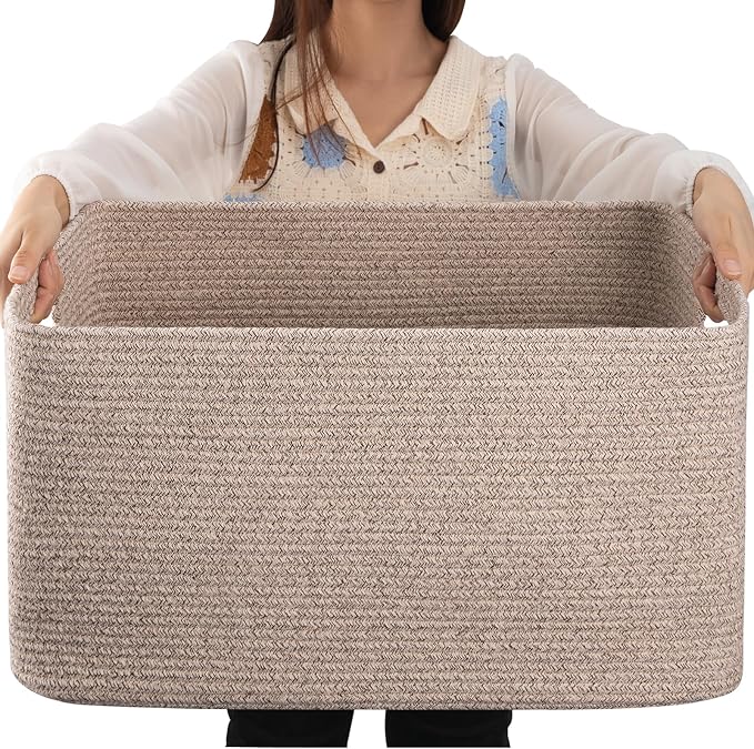 OIAHOMY 75L Large Blanket Basket, 22”x17”x12” Woven Cotton Rope Storage Basket by MasterofSpaceOptimization