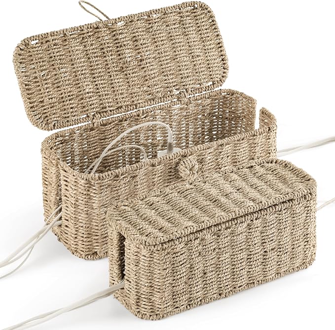 2-Pack Large Cable Management Box, Natural Rattan Cable Cord Organizer Boxes by BLUEWEST