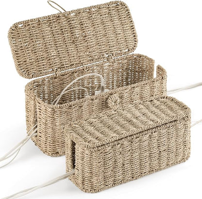2-Pack Large Cable Management Box, Natural Rattan Cable Cord Organizer Boxes by BLUEWEST