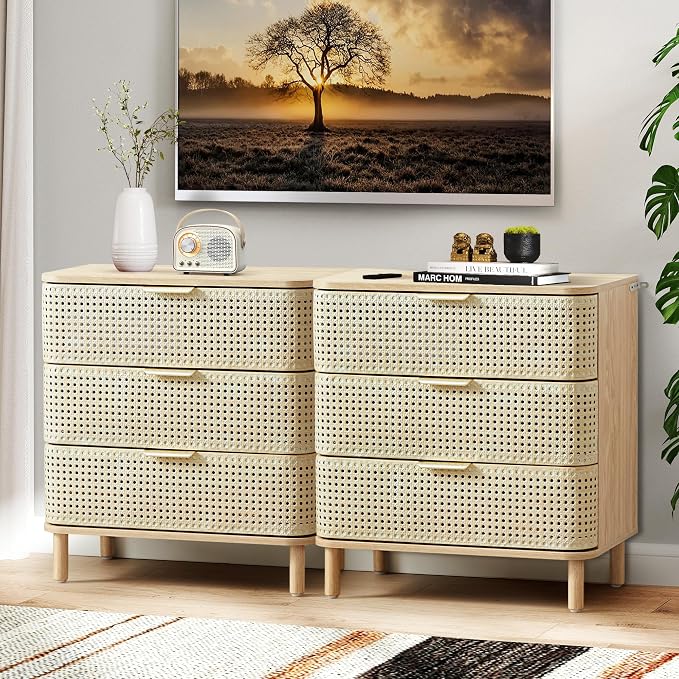 ORRD 3 Drawer Dresser Set of 2, Modern Iron Rattan Cabinet Dresser - Image 9