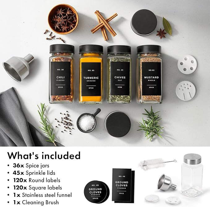 EDELHAUS Glass Spice Jars with Label, Seasoning Set, 36x Black Steel Lids | - Image 8