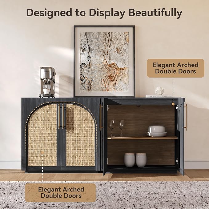 Buffet Cabinet with Rattan Doors, 94.5'' W Arched Sideboard | Modular Sideboard - Image 5