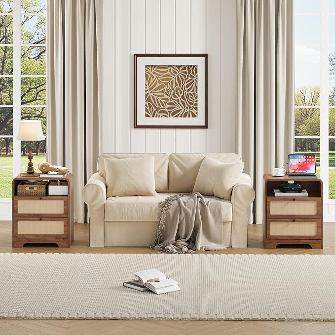 Set of 2 Night Stand with Charging Station, 19.7" Wooden Side Table Curved - Image 3