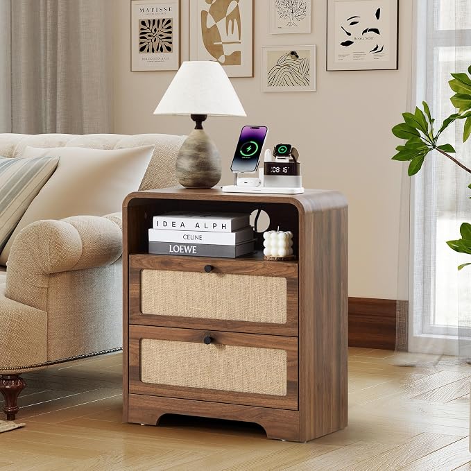 Set of 2 Night Stand with Charging Station, 19.7" Wooden Side Table Curved - Image 8