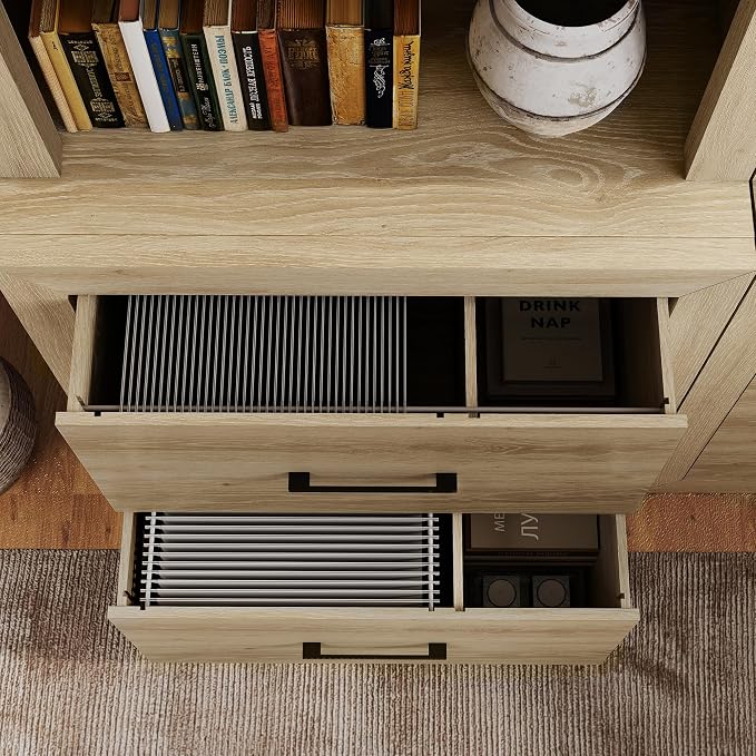 Multi-Depth Bookcase with 2 File Drawers, Bookshelves Floor Standing 3 Tier - Image 7
