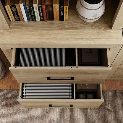Multi-Depth Bookcase with 2 File Drawers, Bookshelves Floor Standing 3 Tier - Image 7