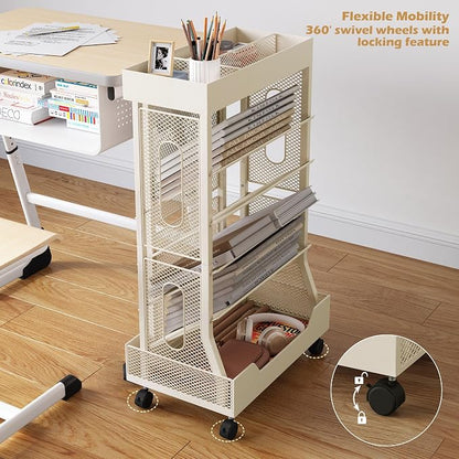 Book Cart with Wheels Mobile Bookshelf Rolling Bookshelf Organizer Bookcase - Image 3