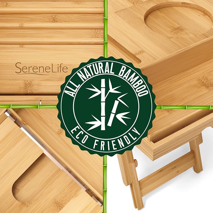 SereneLife Bath Caddy Breakfast Tray Combo, Natural Bamboo Wood Waterproof - Image 5