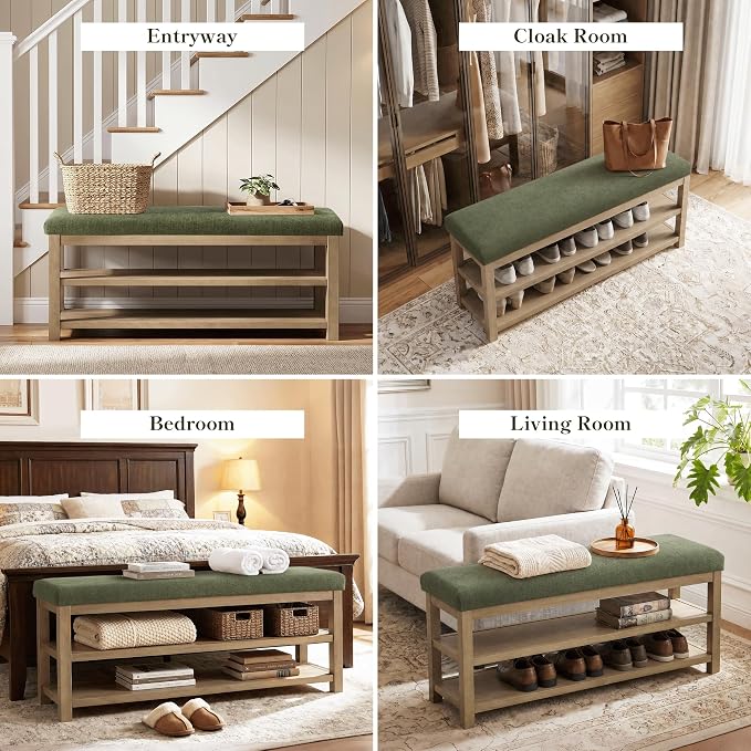 Zihanhome Shoe Rack Bench with Cushion, 2 Tier Solid Wood Storage Bench - Image 8