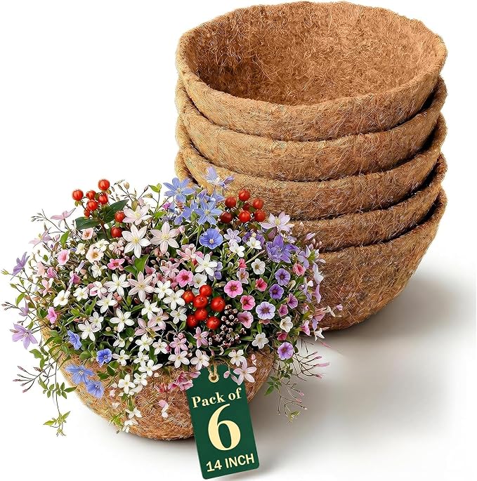Coco Liners for Planters 14 Inch, 6 Pack Coco Basket Liners for Hanging Baskets by Growia