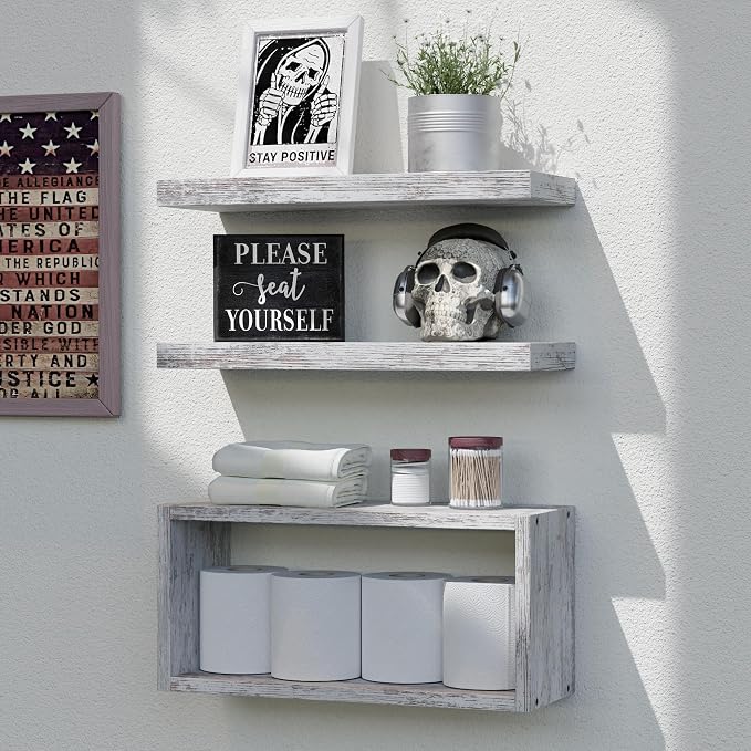 RICHER HOUSE 3-Set Rustic White Floating Shelf, Bathroom Shelf Over Toilet | by RicherHouse