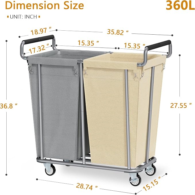 Large laundry hamper with Wheels, 2 Bag 360L Big Rolling Laundry Basket Sorter - Image 7