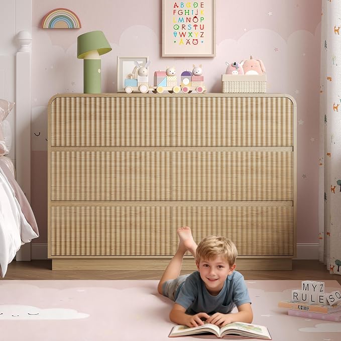 Dresser for Bedroom with 6 Drawers, Fluted Chest of Drawers with Round Curved - Image 7
