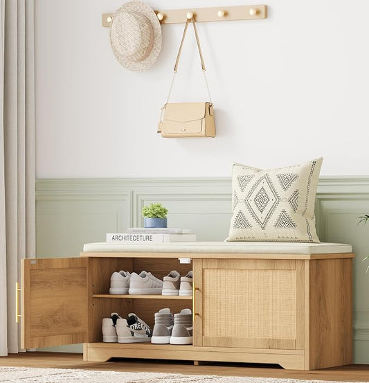 Rattan Shoe Storage Bench, 39.4" Wide Entryway Bench, Natural Oak | Hidden Shoe by Zeibospri