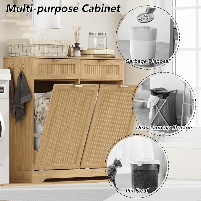 2 x 13 Gallons Double Tilt Out Trash Can Cabinet, Wooden Fluted Trash Garbage - Image 3