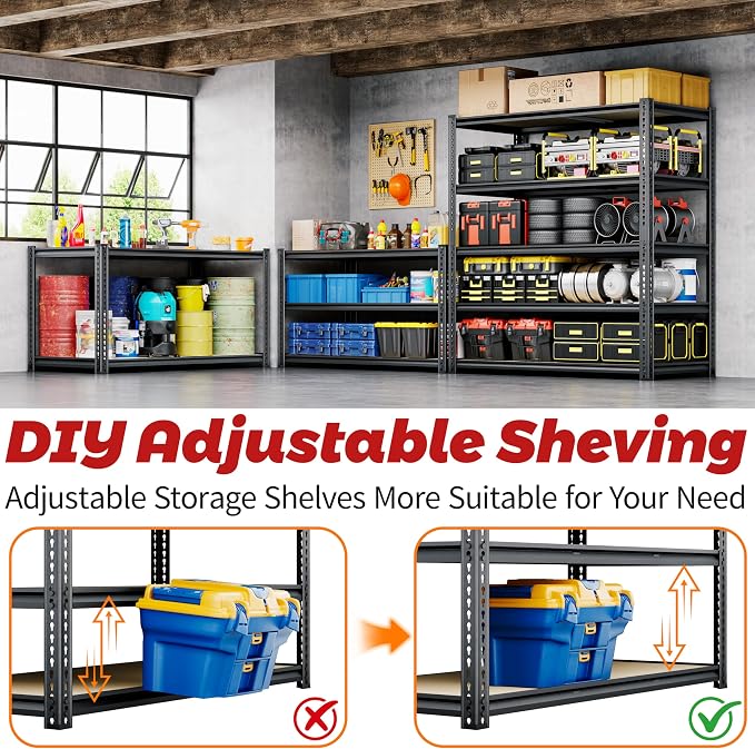 72"H Storage Shelves heavy duty, 2200LBS Garage Shelving, 5 Tier Metal Shelving - Image 7