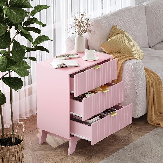 Night Stand Set 2, Bedside Table & End Table, Mid Century Modern Fluted Wood - Image 4