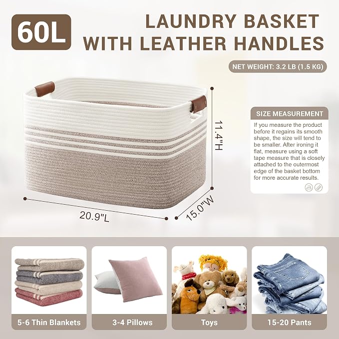 60L Large Laundry Basket with Leather Handles - Image 2