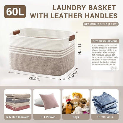 60L Large Laundry Basket with Leather Handles - Image 2