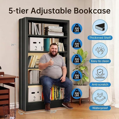Heavy Duty Metal Bookshelf, 71” Tall 5-Tier Bookcase, Thickened 300LB Capacity - Image 3