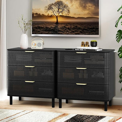 ORRD 3 Drawer Dresser Set of 2, Modern Iron Rattan Cabinet Dresser - Image 9