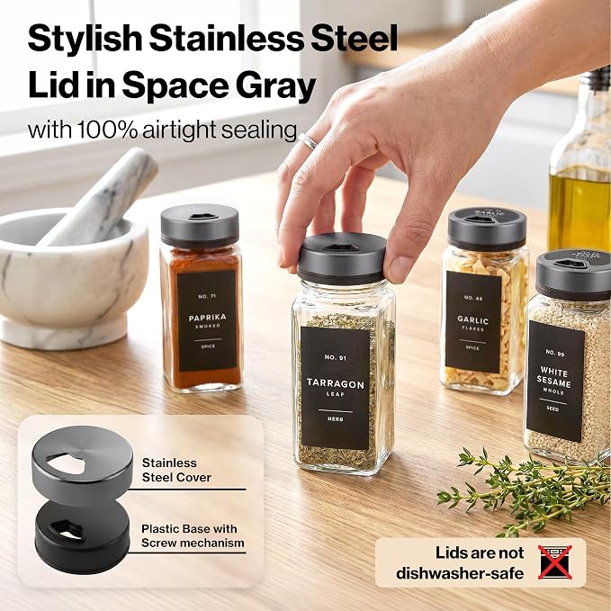 EDELHAUS Glass Spice Jars with Label and Space Gray Rotating Lids Spice - Image 6