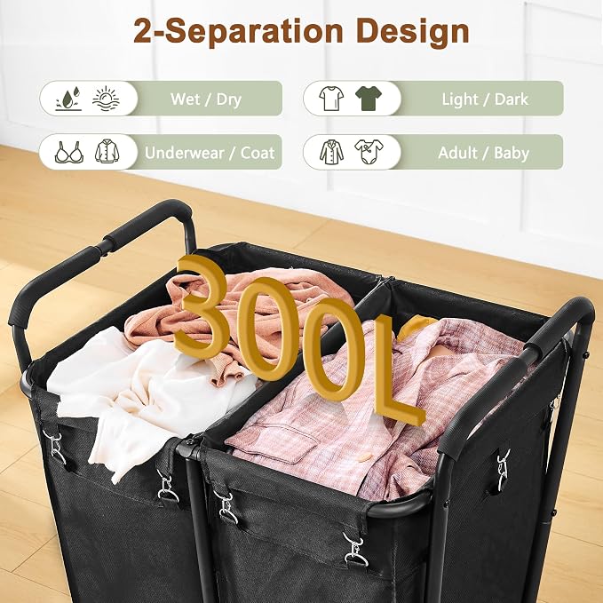 Hoctieon 2 Section Laundry Sorter Cart, 300L Rolling Hamper - Image 7