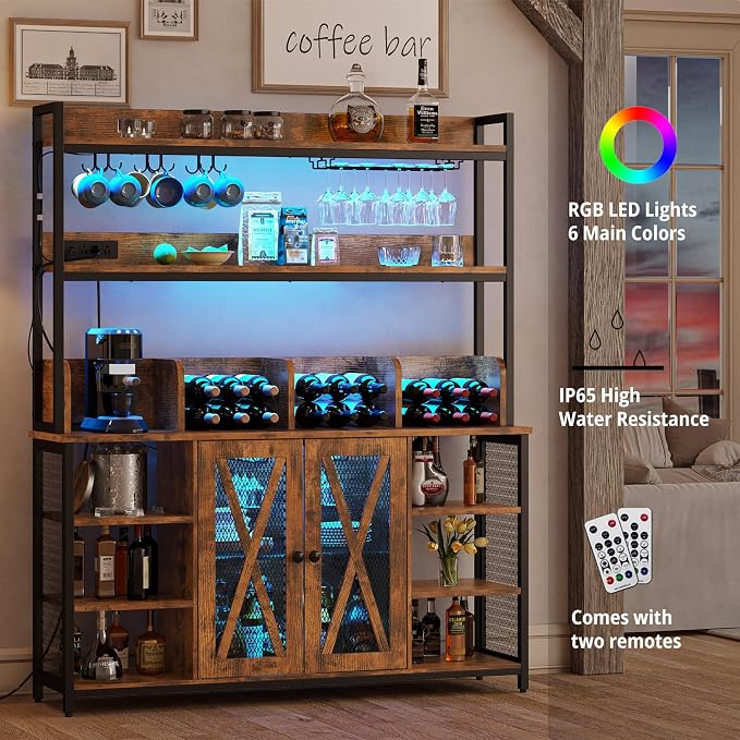 IRONCK Coffee Bar Cabinet with Power Outlet, Industrial Buffet Cabinet with LED - Image 4