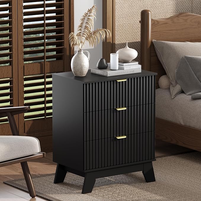 Black Night Stand with 3 Drawers, Bedside Table & End Table, Farmhouse Night by WODEER