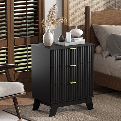 Black Night Stand with 3 Drawers, Bedside Table & End Table, Farmhouse Night by WODEER