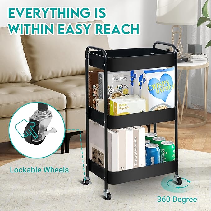ZOES HOMEWARE 3 Tier Rolling Cart, Metal Utility Cart - Image 2