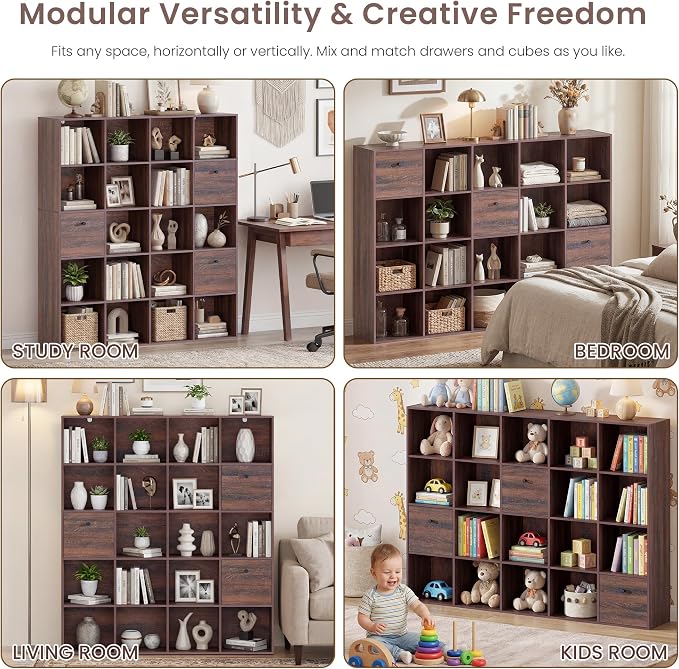 Walnut Cube Storage Bookcase 2-Pack, Rustic Brown 20 Cube Storage Organizer - Image 4