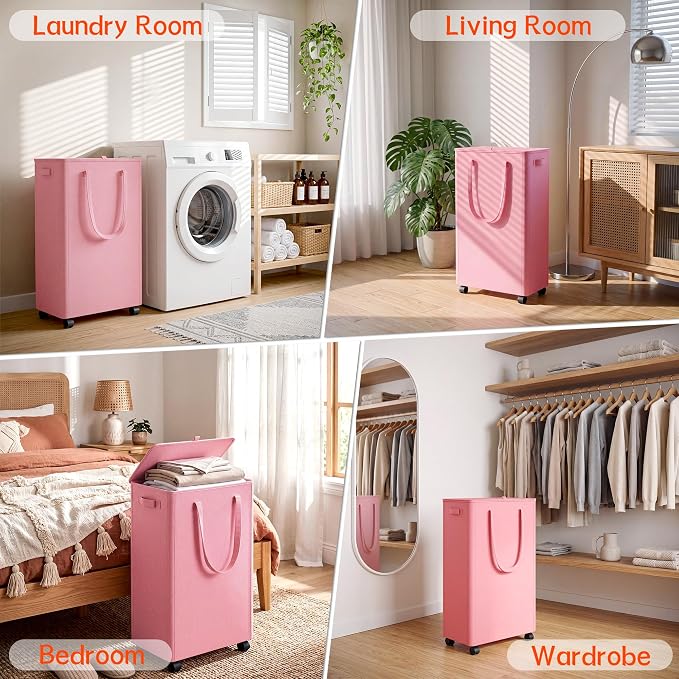 Slim Laundry Hamper with Wheels, 15 Gal Rolling Laundry Basket with lid and - Image 7